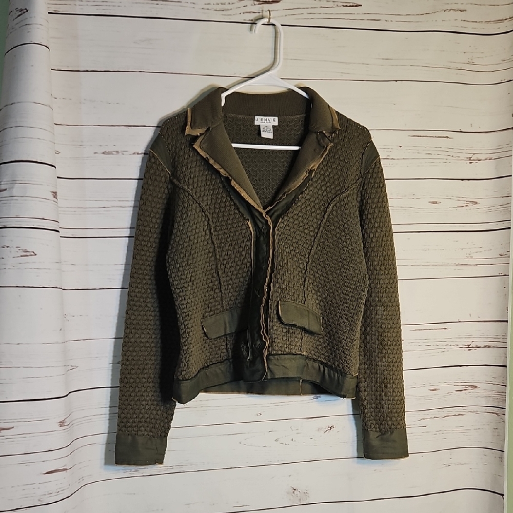 J'envie Women's Olive Green‎ Knit Jacket Frayed Trim Button Up Collared,M
